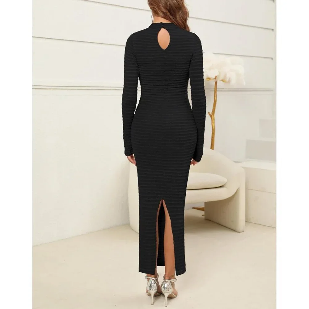 Women's Knit Sweater Dress Long Sleeve High Neck Slim Fit Casual Formal - Picture 3 of 6
